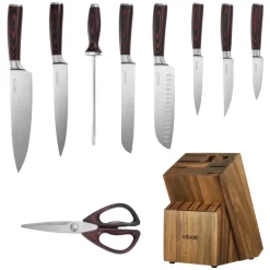 VEVOR Kitchen Knife Set with Block and Sharpener, 15 Piece High Carbon Stainless Steel Knife Set, Rust-Resistant Kitchen Cutlery with Ergonomic Handle, Sharpening Rod & Premium Wooden Block, for Home