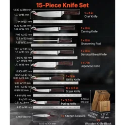 VEVOR Kitchen Knife Set with Block and Sharpener, 15 Piece High Carbon Stainless Steel Knife Set, Rust-Resistant Kitchen Cutlery with Ergonomic Handle, Sharpening Rod & Premium Wooden Block, for Home