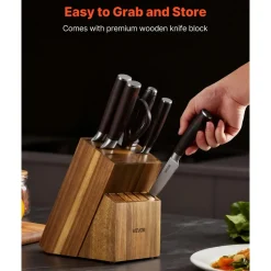 VEVOR Kitchen Knife Set with Block and Sharpener, 15 Piece High Carbon Stainless Steel Knife Set, Rust-Resistant Kitchen Cutlery with Ergonomic Handle, Sharpening Rod & Premium Wooden Block, for Home