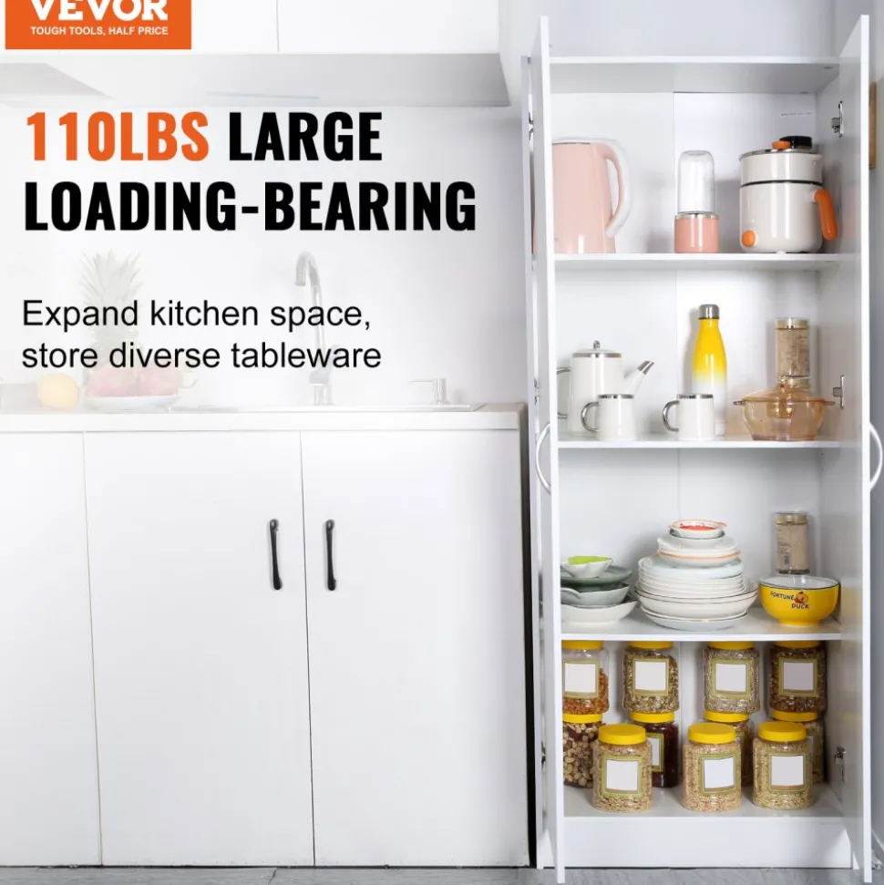 VEVOR Kitchen Pantry Cabinet, 60" Tall Food Pantry Storage Cabinet, 110LBS Freestanding Storage Cabinet Cupboard with 3 Shelves(2 Adjustable), Engineered Wood Utility Pantry for Kitchen, Dining Room