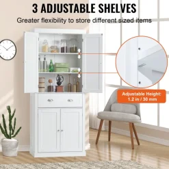 VEVOR 72" Kitchen Pantry Storage Cabinet, Freestanding Utility Cabinets with Doors, Drawer and 3 Adjustable Shelves, Tall Food Buffet Pantries for Kitchen, Living Room, Dinning Room, Laundry, White