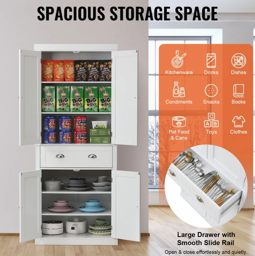 VEVOR 72" Kitchen Pantry Storage Cabinet, Freestanding Utility Cabinets with Doors, Drawer and 3 Adjustable Shelves, Tall Food Buffet Pantries for Kitchen, Living Room, Dinning Room, Laundry, White