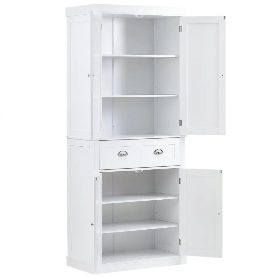 VEVOR 72" Kitchen Pantry Storage Cabinet, Freestanding Utility Cabinets with Doors, Drawer and 3 Adjustable Shelves, Tall Food Buffet Pantries for Kitchen, Living Room, Dinning Room, Laundry, White