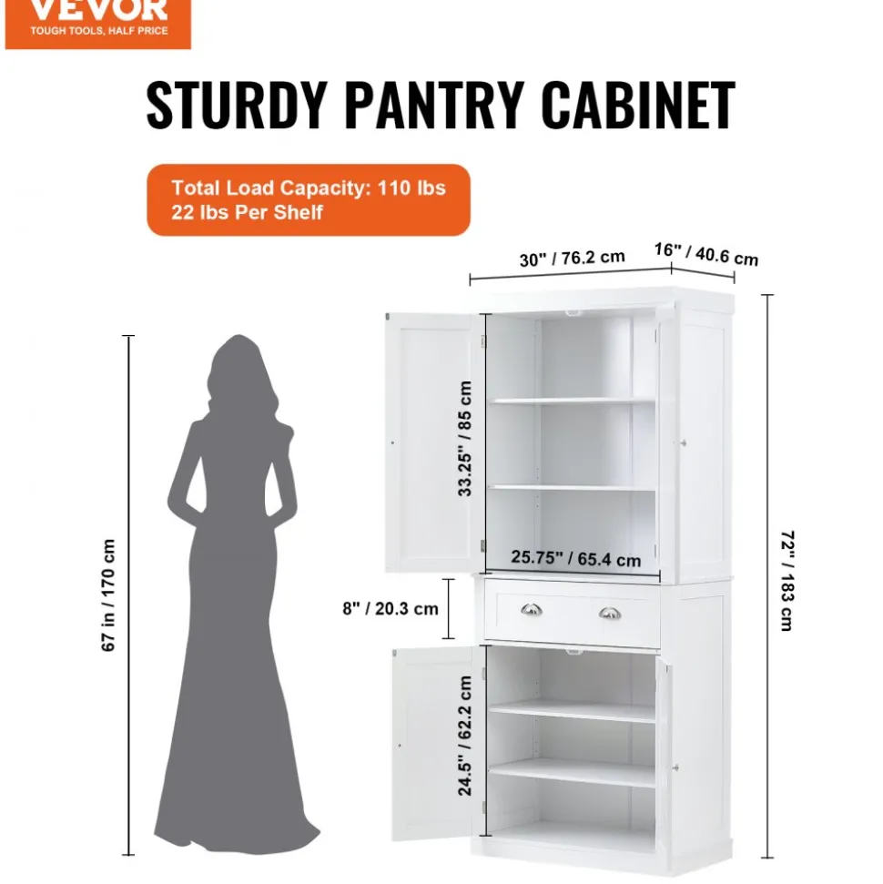 VEVOR 72" Kitchen Pantry Storage Cabinet, Freestanding Utility Cabinets with Doors, Drawer and 3 Adjustable Shelves, Tall Food Buffet Pantries for Kitchen, Living Room, Dinning Room, Laundry, White