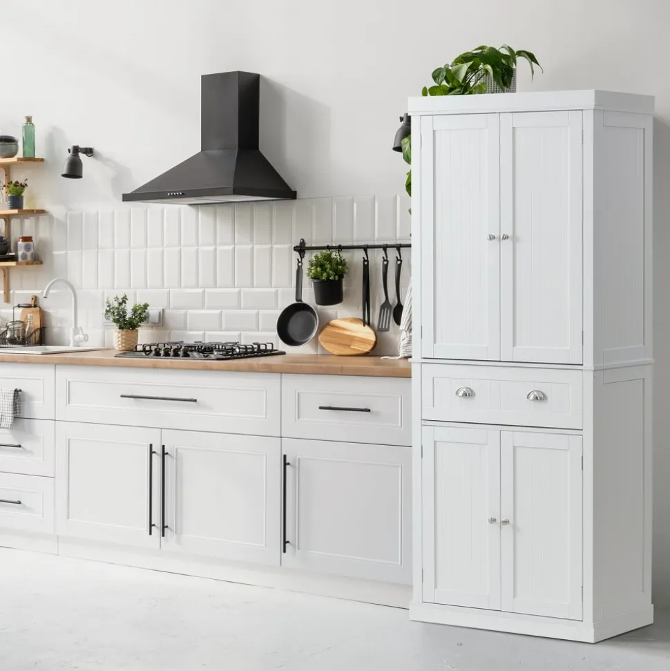 VEVOR 72" Kitchen Pantry Storage Cabinet, Freestanding Utility Cabinets with Doors, Drawer and 3 Adjustable Shelves, Tall Food Buffet Pantries for Kitchen, Living Room, Dinning Room, Laundry, White