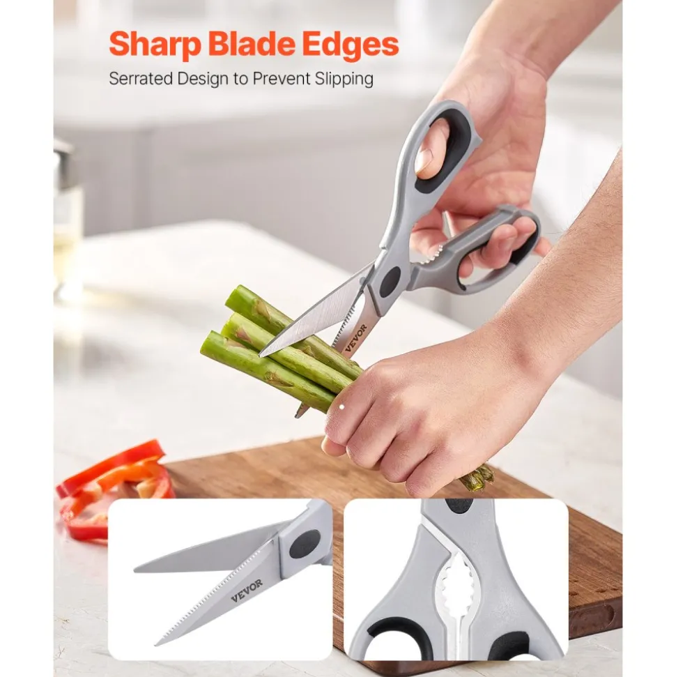 VEVOR Kitchen Scissors, Durable Stainless Steel Kitchen Shears with Protective Sheath, Heavy Duty Cooking Shears Soft Grip Comfort Handle, Kitchen Utensil for Cutting Meat, Food, Fish, Poultry, Grey