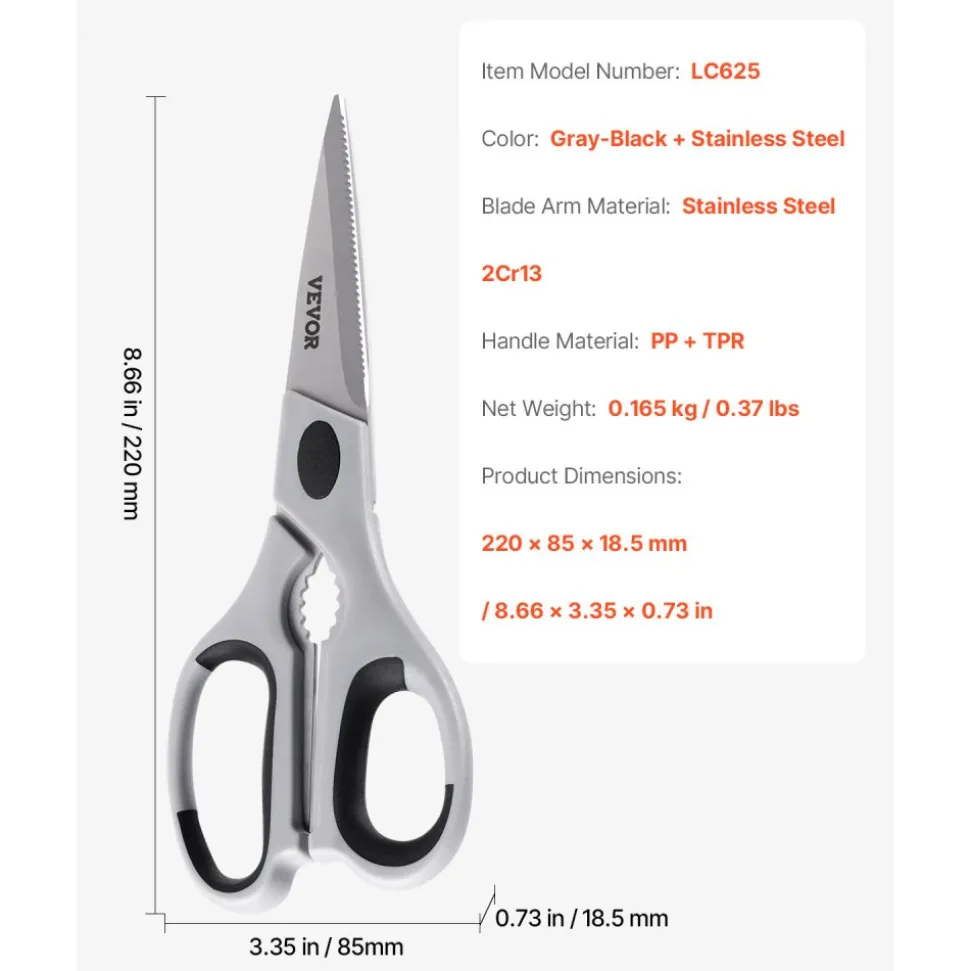 VEVOR Kitchen Scissors, Durable Stainless Steel Kitchen Shears with Protective Sheath, Heavy Duty Cooking Shears Soft Grip Comfort Handle, Kitchen Utensil for Cutting Meat, Food, Fish, Poultry, Grey