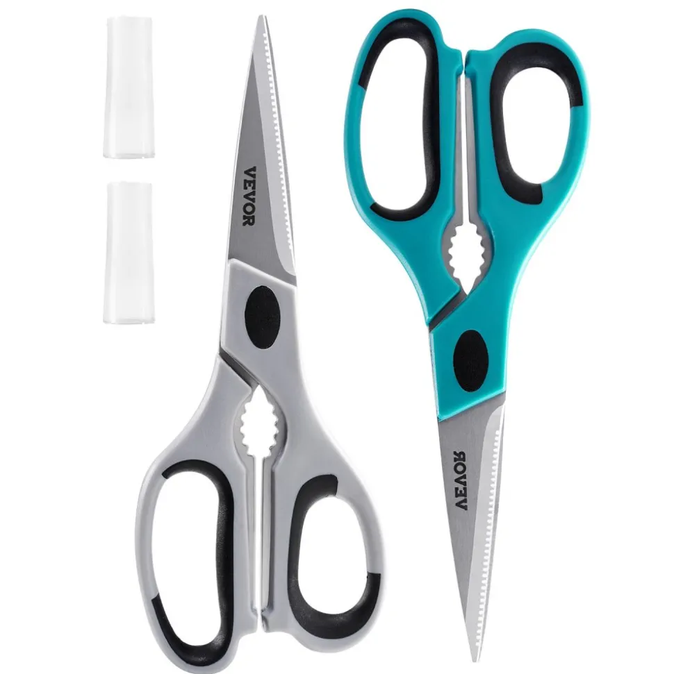 VEVOR Kitchen Scissors, 2 Pack Durable Stainless Steel Kitchen Shears with Sheaths, Heavy Duty Cooking Shears with Soft Grip Comfort Handle, Kitchen Utensil for Cutting Meat, Fish, Poultry, Cyan+Grey