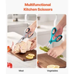VEVOR Kitchen Scissors, 2 Pack Durable Stainless Steel Kitchen Shears with Sheaths, Heavy Duty Cooking Shears with Soft Grip Comfort Handle, Kitchen Utensil for Cutting Meat, Fish, Poultry, Cyan+Grey