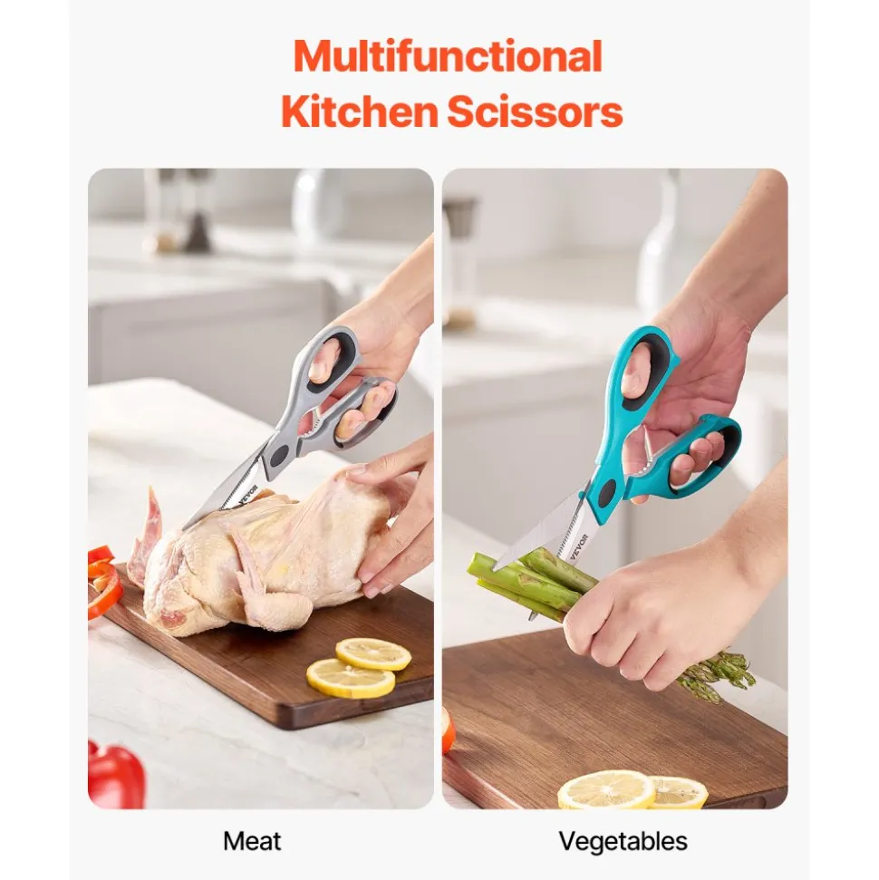 VEVOR Kitchen Scissors, 2 Pack Durable Stainless Steel Kitchen Shears with Sheaths, Heavy Duty Cooking Shears with Soft Grip Comfort Handle, Kitchen Utensil for Cutting Meat, Fish, Poultry, Cyan+Grey