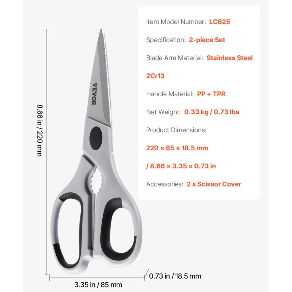 VEVOR Kitchen Scissors, 2 Pack Durable Stainless Steel Kitchen Shears with Sheaths, Heavy Duty Cooking Shears with Soft Grip Comfort Handle, Kitchen Utensil for Cutting Meat, Fish, Poultry, Cyan+Grey