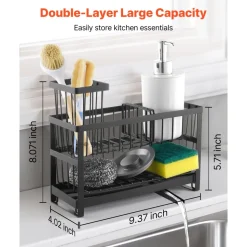 VEVOR Kitchen Sink Caddy Organizer, 2 Tier Sponge Holder for Kitchen Sink with High Brush Holder & Divider, Storage Rack with Rotatable Drainage Spout, Countertop Organizers and Storage Essentials