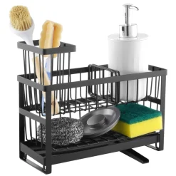 VEVOR Kitchen Sink Caddy Organizer, 2 Tier Sponge Holder for Kitchen Sink with High Brush Holder & Divider, Storage Rack with Rotatable Drainage Spout, Countertop Organizers and Storage Essentials