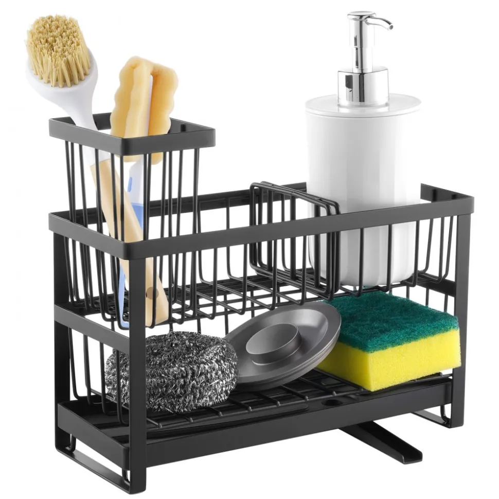 VEVOR Kitchen Sink Caddy Organizer, 2 Tier Sponge Holder for Kitchen Sink with High Brush Holder & Divider, Storage Rack with Rotatable Drainage Spout, Countertop Organizers and Storage Essentials