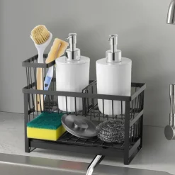 VEVOR Kitchen Sink Caddy Organizer, 2 Tier Sponge Holder for Kitchen Sink with High Brush Holder & Divider, Storage Rack with Rotatable Drainage Spout, Countertop Organizers and Storage Essentials