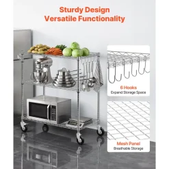 VEVOR Kitchen Utility Cart, 3 Tier 23.7 in Microwave Stand Coffee Cart, Heavy Duty Storage Rack, Service Trolley on Wheels, Industrial Rolling Work Table with 8 Hooks, for Mini Oven, Toaster, Vintage