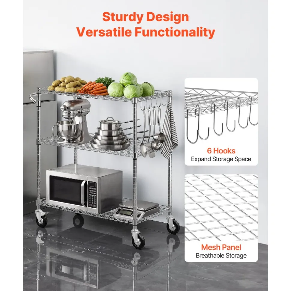 VEVOR Kitchen Utility Cart, 3 Tier 23.7 in Microwave Stand Coffee Cart, Heavy Duty Storage Rack, Service Trolley on Wheels, Industrial Rolling Work Table with 8 Hooks, for Mini Oven, Toaster, Vintage