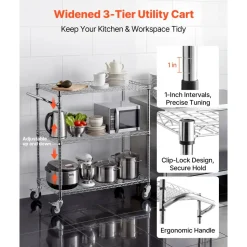 VEVOR Kitchen Utility Cart, 3 Tier 23.7 in Microwave Stand Coffee Cart, Heavy Duty Storage Rack, Service Trolley on Wheels, Industrial Rolling Work Table with 8 Hooks, for Mini Oven, Toaster, Vintage