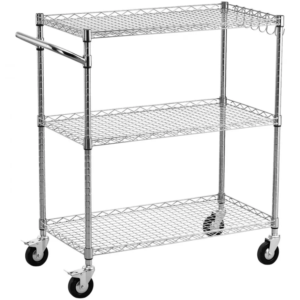 VEVOR Kitchen Utility Cart, 3 Tier 23.7 in Microwave Stand Coffee Cart, Heavy Duty Storage Rack, Service Trolley on Wheels, Industrial Rolling Work Table with 8 Hooks, for Mini Oven, Toaster, Vintage