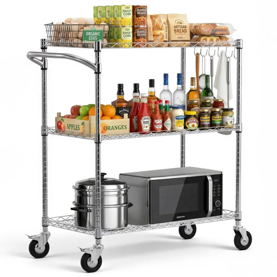 VEVOR Kitchen Utility Cart, 3 Tier 23.7 in Microwave Stand Coffee Cart, Heavy Duty Storage Rack, Service Trolley on Wheels, Industrial Rolling Work Table with 8 Hooks, for Mini Oven, Toaster, Vintage