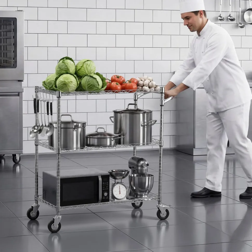 VEVOR Kitchen Utility Cart, 3 Tier 23.7 in Microwave Stand Coffee Cart, Heavy Duty Storage Rack, Service Trolley on Wheels, Industrial Rolling Work Table with 8 Hooks, for Mini Oven, Toaster, Vintage