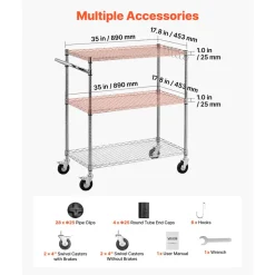 VEVOR Kitchen Utility Cart, 3 Tier 23.7 in Microwave Stand Coffee Cart, Heavy Duty Storage Rack, Service Trolley on Wheels, Industrial Rolling Work Table with 8 Hooks, for Mini Oven, Toaster, Vintage