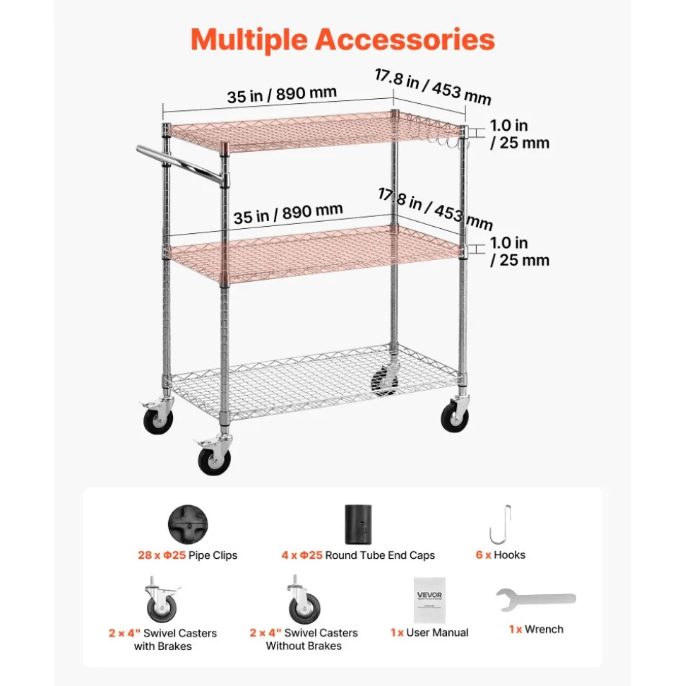 VEVOR Kitchen Utility Cart, 3 Tier 23.7 in Microwave Stand Coffee Cart, Heavy Duty Storage Rack, Service Trolley on Wheels, Industrial Rolling Work Table with 8 Hooks, for Mini Oven, Toaster, Vintage