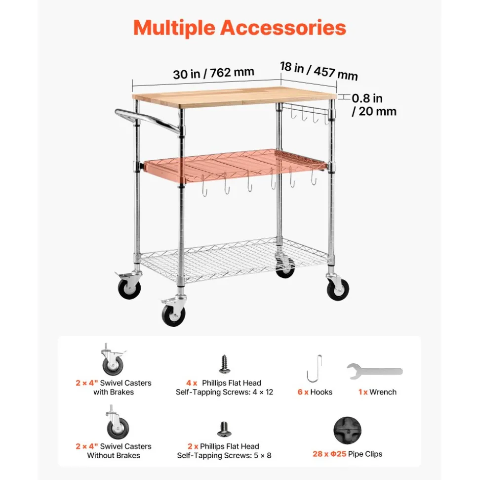 VEVOR Kitchen Utility Cart, 3 Tier Heavy Duty Adjustable Wire Storage Rack with Wood Tabletop and Handle Bar, Rolling Portable Service Trolley on Wheels, 661 lbs Steel Work Table, 30x18x36 in