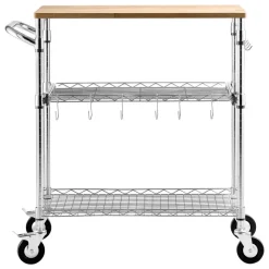 VEVOR Kitchen Utility Cart, 3 Tier Heavy Duty Adjustable Wire Storage Rack with Wood Tabletop and Handle Bar, Rolling Portable Service Trolley on Wheels, 661 lbs Steel Work Table, 30x18x36 in