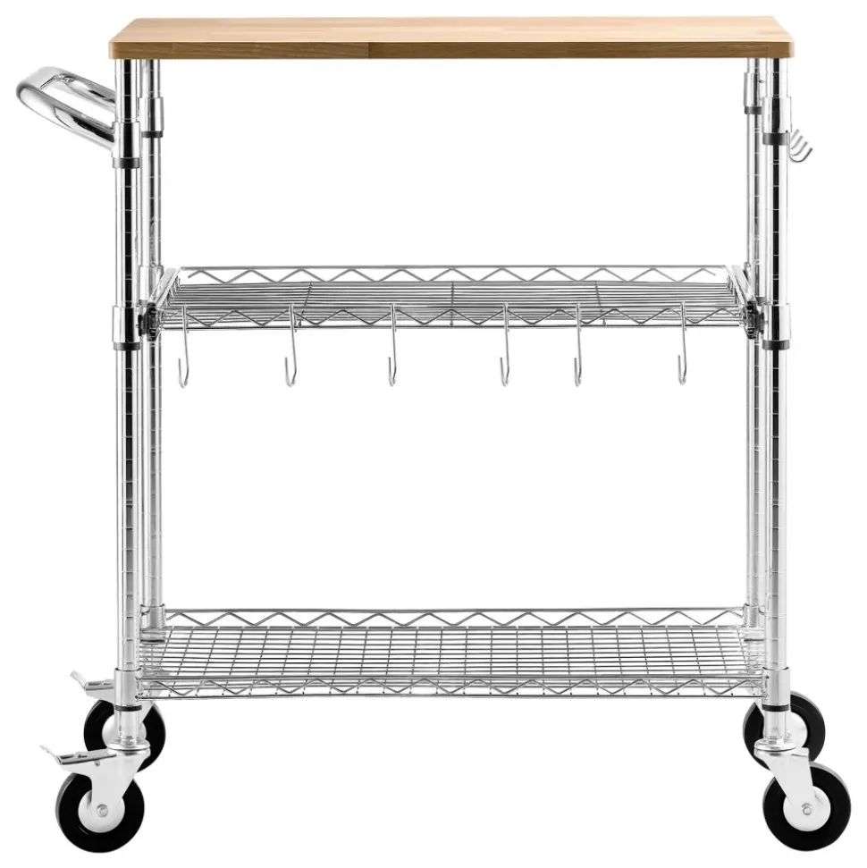 VEVOR Kitchen Utility Cart, 3 Tier Heavy Duty Adjustable Wire Storage Rack with Wood Tabletop and Handle Bar, Rolling Portable Service Trolley on Wheels, 661 lbs Steel Work Table, 30x18x36 in