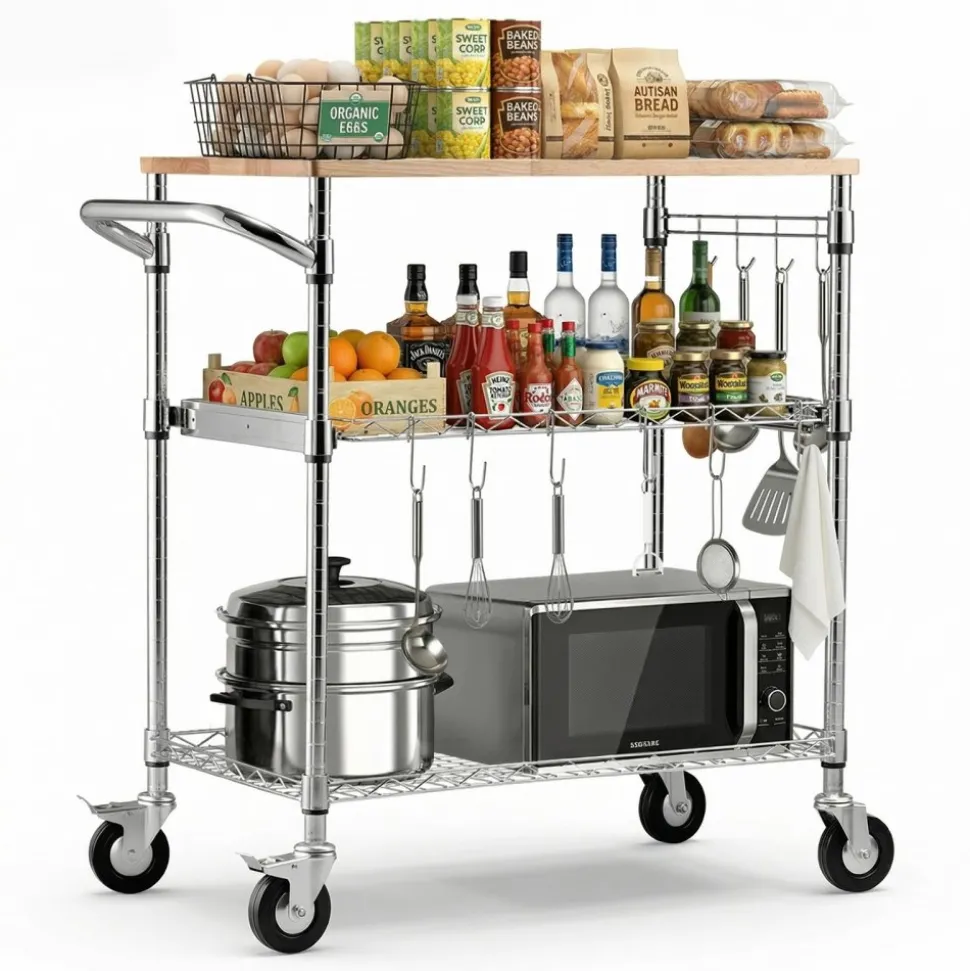 VEVOR Kitchen Utility Cart, 3 Tier Heavy Duty Adjustable Wire Storage Rack with Wood Tabletop and Handle Bar, Rolling Portable Service Trolley on Wheels, 661 lbs Steel Work Table, 30x18x36 in