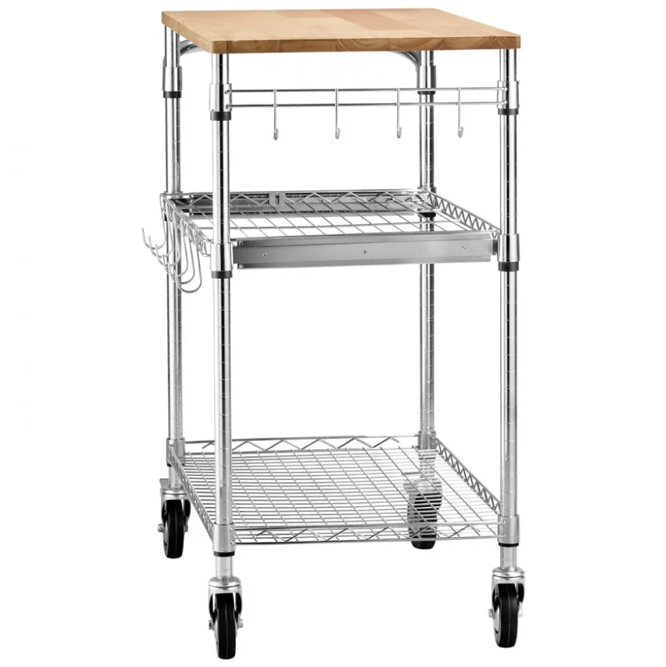VEVOR Kitchen Utility Cart, 3 Tier Heavy Duty Adjustable Wire Storage Rack with Wood Tabletop and Handle Bar, Rolling Portable Service Trolley on Wheels, 661 lbs Steel Work Table, 30x18x36 in