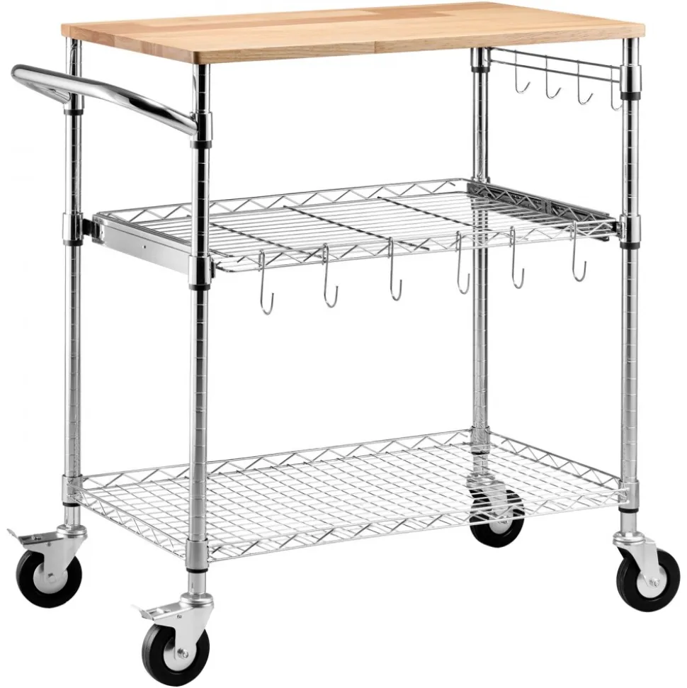 VEVOR Kitchen Utility Cart, 3 Tier Heavy Duty Adjustable Wire Storage Rack with Wood Tabletop and Handle Bar, Rolling Portable Service Trolley on Wheels, 661 lbs Steel Work Table, 30x18x36 in