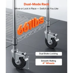 VEVOR Kitchen Utility Cart, 3 Tier Heavy Duty Adjustable Wire Storage Rack with Wood Tabletop and Handle Bar, Rolling Portable Service Trolley on Wheels, 661 lbs Steel Work Table, 30x18x36 in