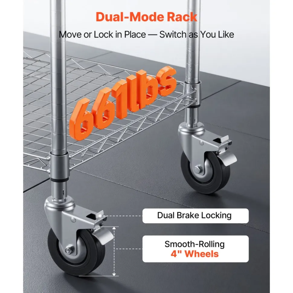 VEVOR Kitchen Utility Cart, 3 Tier Heavy Duty Adjustable Wire Storage Rack with Wood Tabletop and Handle Bar, Rolling Portable Service Trolley on Wheels, 661 lbs Steel Work Table, 30x18x36 in
