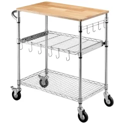VEVOR Kitchen Utility Cart, 3 Tier Heavy Duty Adjustable Wire Storage Rack with Wood Tabletop and Handle Bar, Rolling Portable Service Trolley on Wheels, 661 lbs Steel Work Table, 30x18x36 in