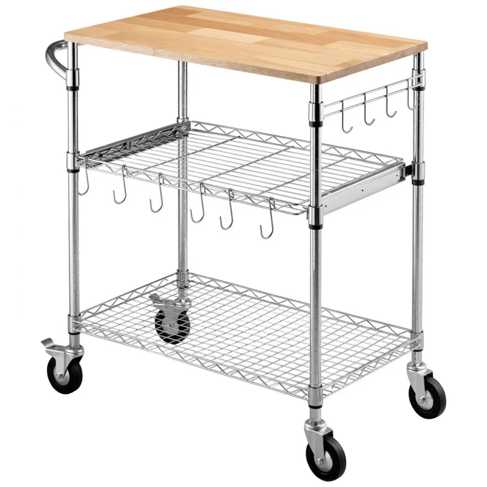 VEVOR Kitchen Utility Cart, 3 Tier Heavy Duty Adjustable Wire Storage Rack with Wood Tabletop and Handle Bar, Rolling Portable Service Trolley on Wheels, 661 lbs Steel Work Table, 30x18x36 in