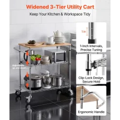 VEVOR Kitchen Utility Cart, 3 Tier Heavy Duty Adjustable Wire Storage Rack with Wood Tabletop and Handle Bar, Rolling Portable Service Trolley on Wheels, 661 lbs Steel Work Table, 30x18x36 in