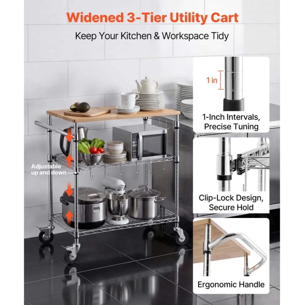 VEVOR Kitchen Utility Cart, 3 Tier Heavy Duty Adjustable Wire Storage Rack with Wood Tabletop and Handle Bar, Rolling Portable Service Trolley on Wheels, 661 lbs Steel Work Table, 30x18x36 in