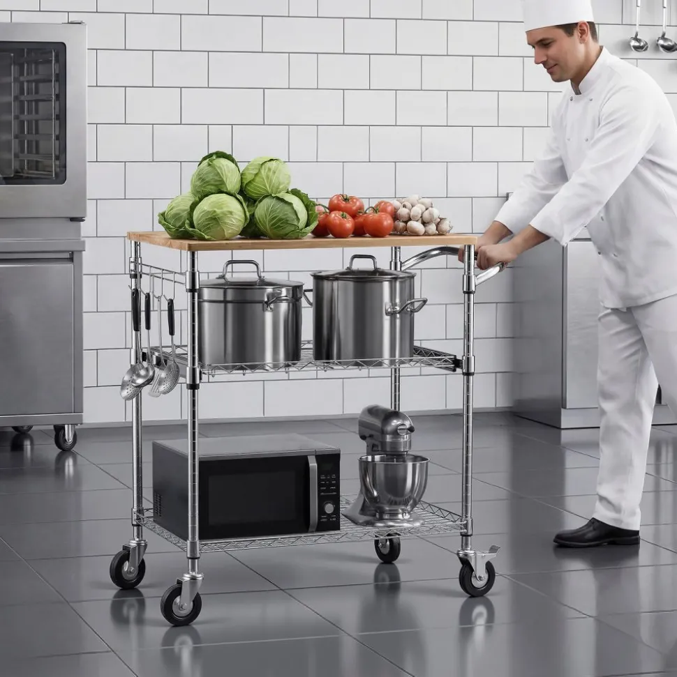 VEVOR Kitchen Utility Cart, 3 Tier Heavy Duty Adjustable Wire Storage Rack with Wood Tabletop and Handle Bar, Rolling Portable Service Trolley on Wheels, 661 lbs Steel Work Table, 30x18x36 in