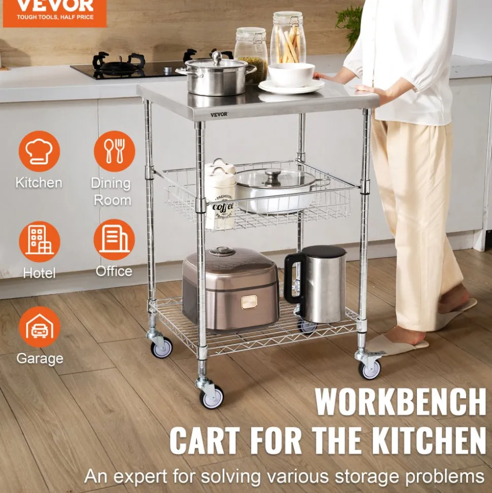 VEVOR Kitchen Utility Cart, 3 Tiers, Wire Rolling Cart with 470LBS Capacity, Steel Service Cart on Wheels, Metal Storage Trolley with 76mm Basket Curved Handle PP Liner 6 Hooks, for Indoor and Outdoor