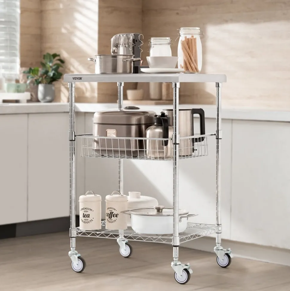 VEVOR Kitchen Utility Cart, 3 Tiers, Wire Rolling Cart with 470LBS Capacity, Steel Service Cart on Wheels, Metal Storage Trolley with 76mm Basket Curved Handle PP Liner 6 Hooks, for Indoor and Outdoor