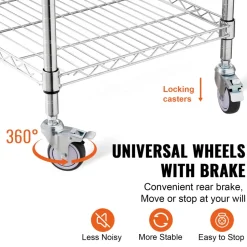 VEVOR Kitchen Utility Cart, 3 Tiers, Wire Rolling Cart with 470LBS Capacity, Steel Service Cart on Wheels, Metal Storage Trolley with 76mm Basket Curved Handle PP Liner 6 Hooks, for Indoor and Outdoor