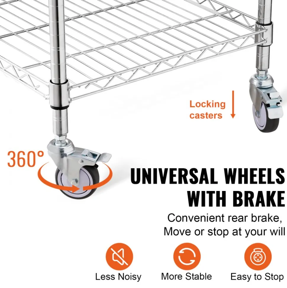 VEVOR Kitchen Utility Cart, 3 Tiers, Wire Rolling Cart with 470LBS Capacity, Steel Service Cart on Wheels, Metal Storage Trolley with 76mm Basket Curved Handle PP Liner 6 Hooks, for Indoor and Outdoor