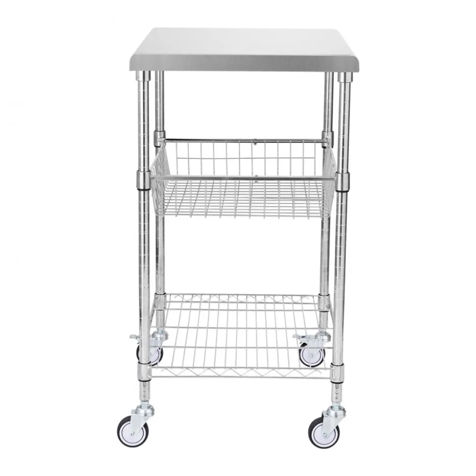 VEVOR Kitchen Utility Cart, 3 Tiers, Wire Rolling Cart with 470LBS Capacity, Steel Service Cart on Wheels, Metal Storage Trolley with 76mm Basket Curved Handle PP Liner 6 Hooks, for Indoor and Outdoor