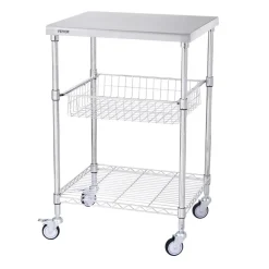 VEVOR Kitchen Utility Cart, 3 Tiers, Wire Rolling Cart with 470LBS Capacity, Steel Service Cart on Wheels, Metal Storage Trolley with 76mm Basket Curved Handle PP Liner 6 Hooks, for Indoor and Outdoor