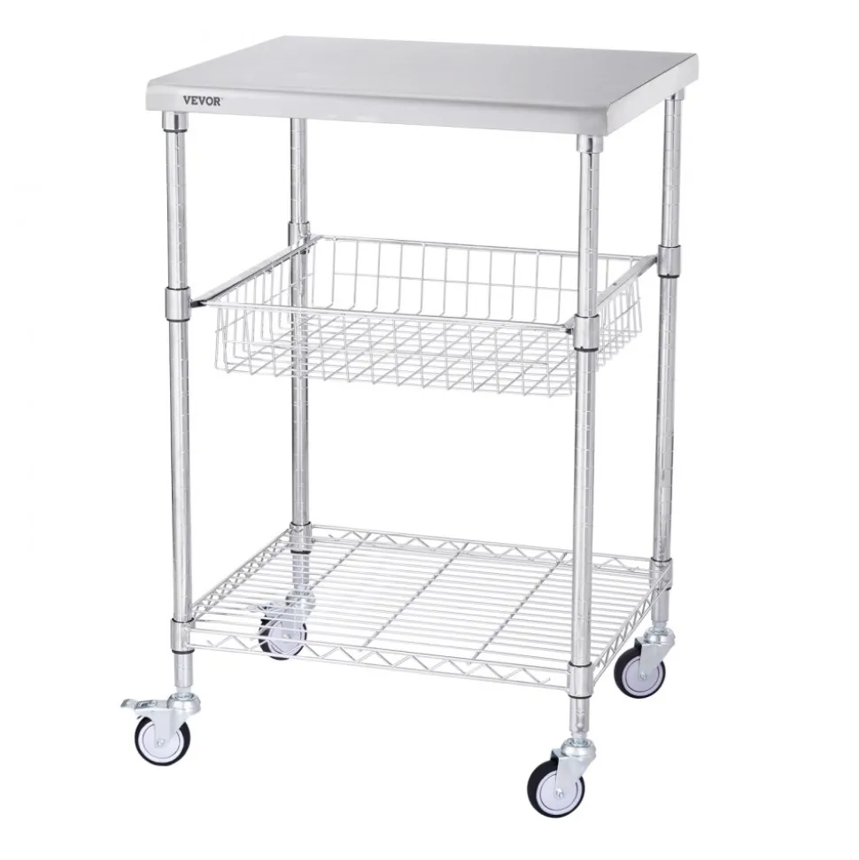 VEVOR Kitchen Utility Cart, 3 Tiers, Wire Rolling Cart with 470LBS Capacity, Steel Service Cart on Wheels, Metal Storage Trolley with 76mm Basket Curved Handle PP Liner 6 Hooks, for Indoor and Outdoor