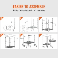 VEVOR Kitchen Utility Cart, 3 Tiers, Wire Rolling Cart with 470LBS Capacity, Steel Service Cart on Wheels, Metal Storage Trolley with 76mm Basket Curved Handle PP Liner 6 Hooks, for Indoor and Outdoor