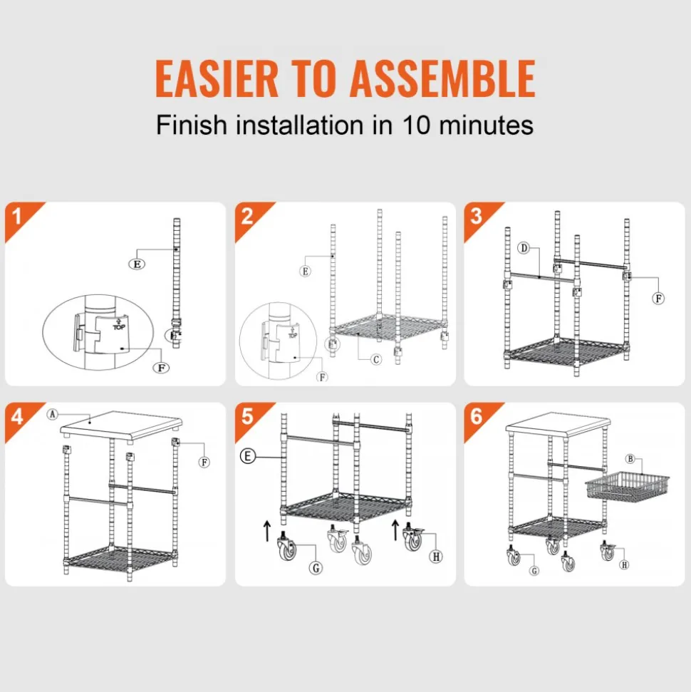 VEVOR Kitchen Utility Cart, 3 Tiers, Wire Rolling Cart with 470LBS Capacity, Steel Service Cart on Wheels, Metal Storage Trolley with 76mm Basket Curved Handle PP Liner 6 Hooks, for Indoor and Outdoor