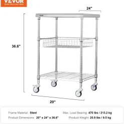 VEVOR Kitchen Utility Cart, 3 Tiers, Wire Rolling Cart with 470LBS Capacity, Steel Service Cart on Wheels, Metal Storage Trolley with 76mm Basket Curved Handle PP Liner 6 Hooks, for Indoor and Outdoor